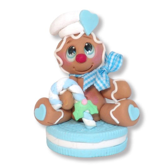 Boy Gingerbread Clay Figure on Blue Cookie Christmas Figurine