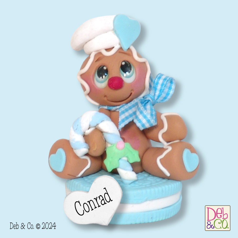 Boy Gingerbread Clay Figure on Blue Cookie Christmas Figurine