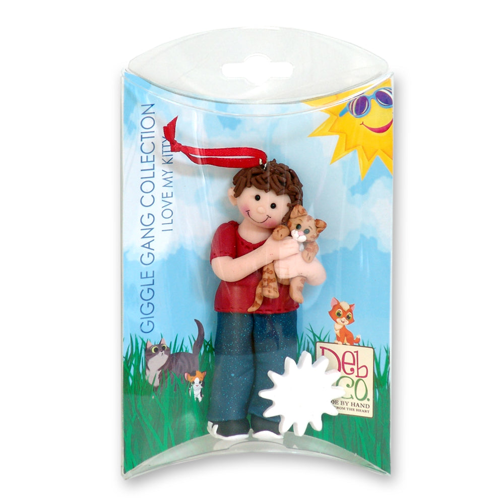 Boy with Kitten Personalized Christmas Ornament in Custom Pillow Box