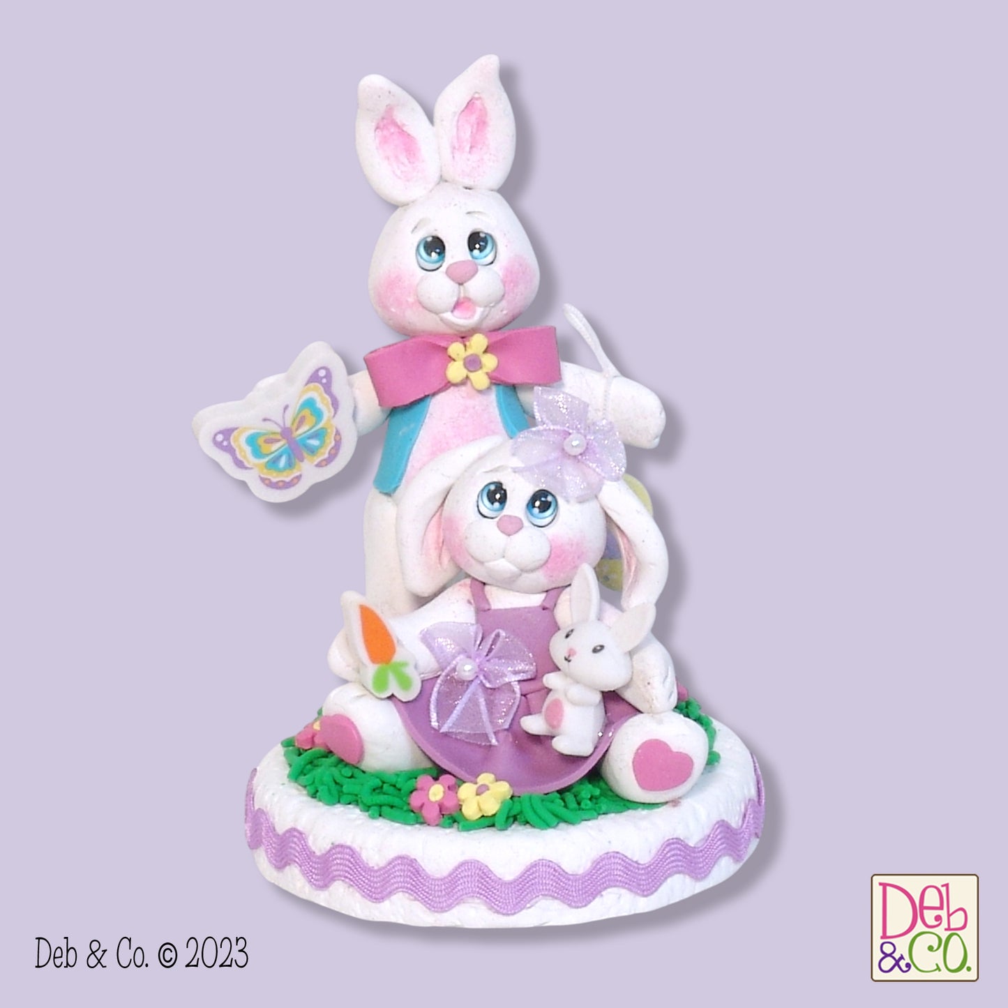 Handmade Polymer Clay Bunny Rabbit Couple Figurine on Base with Ric-Rac