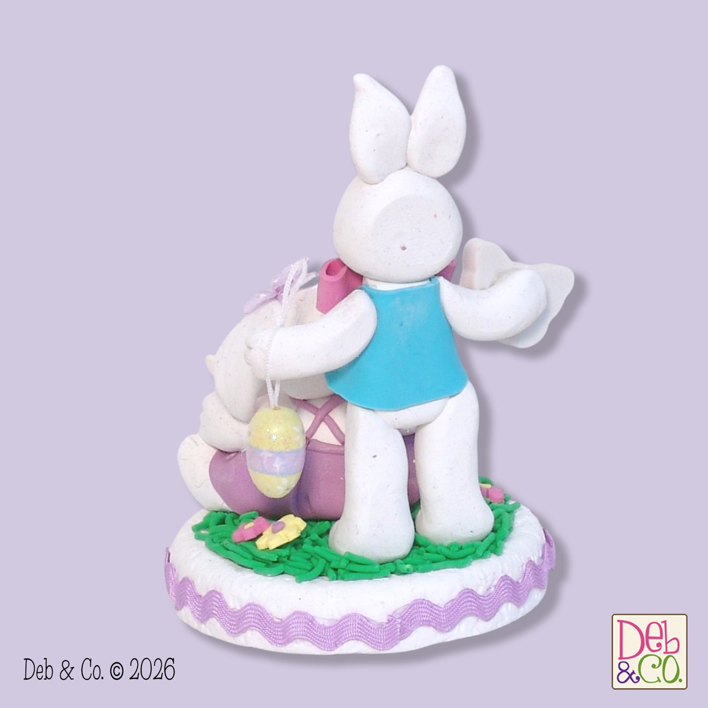 Handmade Polymer Clay Bunny Rabbit Couple Figurine on Base with Ric-Rac