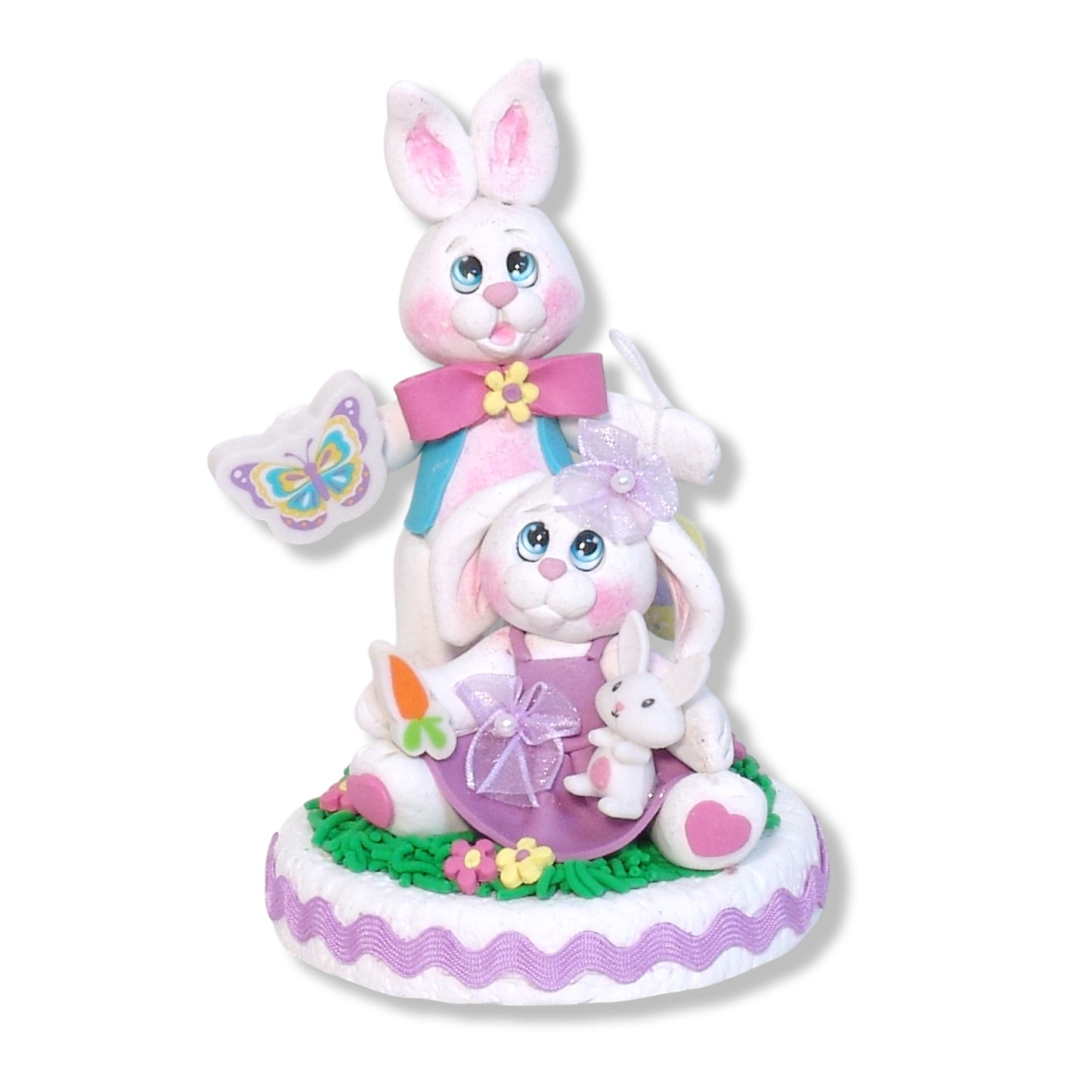 Handmade Polymer Clay Bunny Rabbit Couple Figurine on Base with Ric-Rac