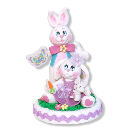 Handmade Polymer Clay Bunny Rabbit Couple Figurine on Base with Ric-Rac
