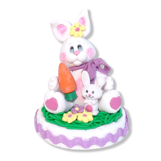 Handmade Polymer Clay Bunny Rabbit Figurine on Base with Ric-Rac