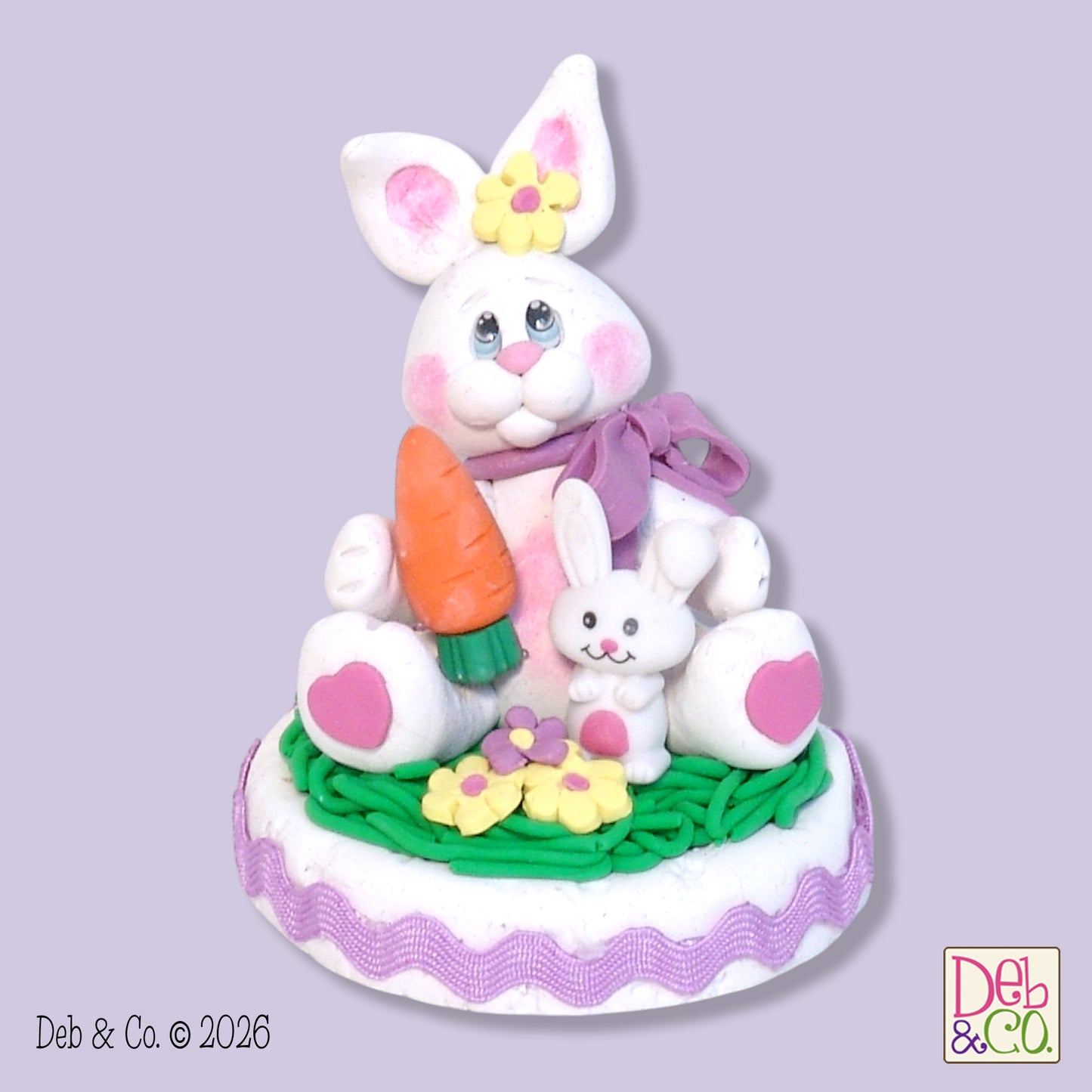 Handmade Polymer Clay Bunny Rabbit Figurine on Base with Ric-Rac