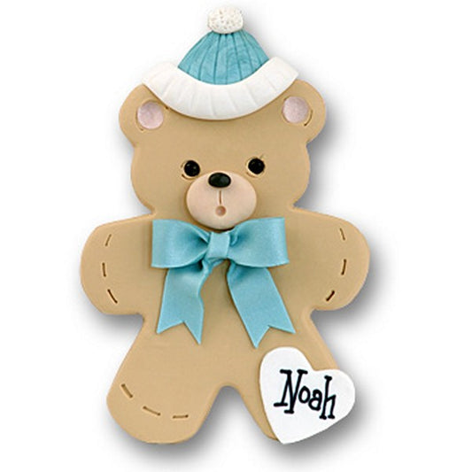 Bear w/Blue Hat & Bow Personalized Baby Ornament