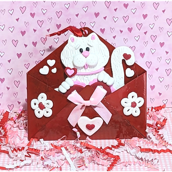 Valentine Kitty Cat Handmade Polymer Clay Ornament in Tin Envelope
