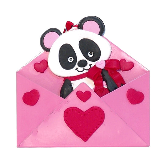 Valentine Panda Bear w/Heart Personalized Ornament in Tin Envelope