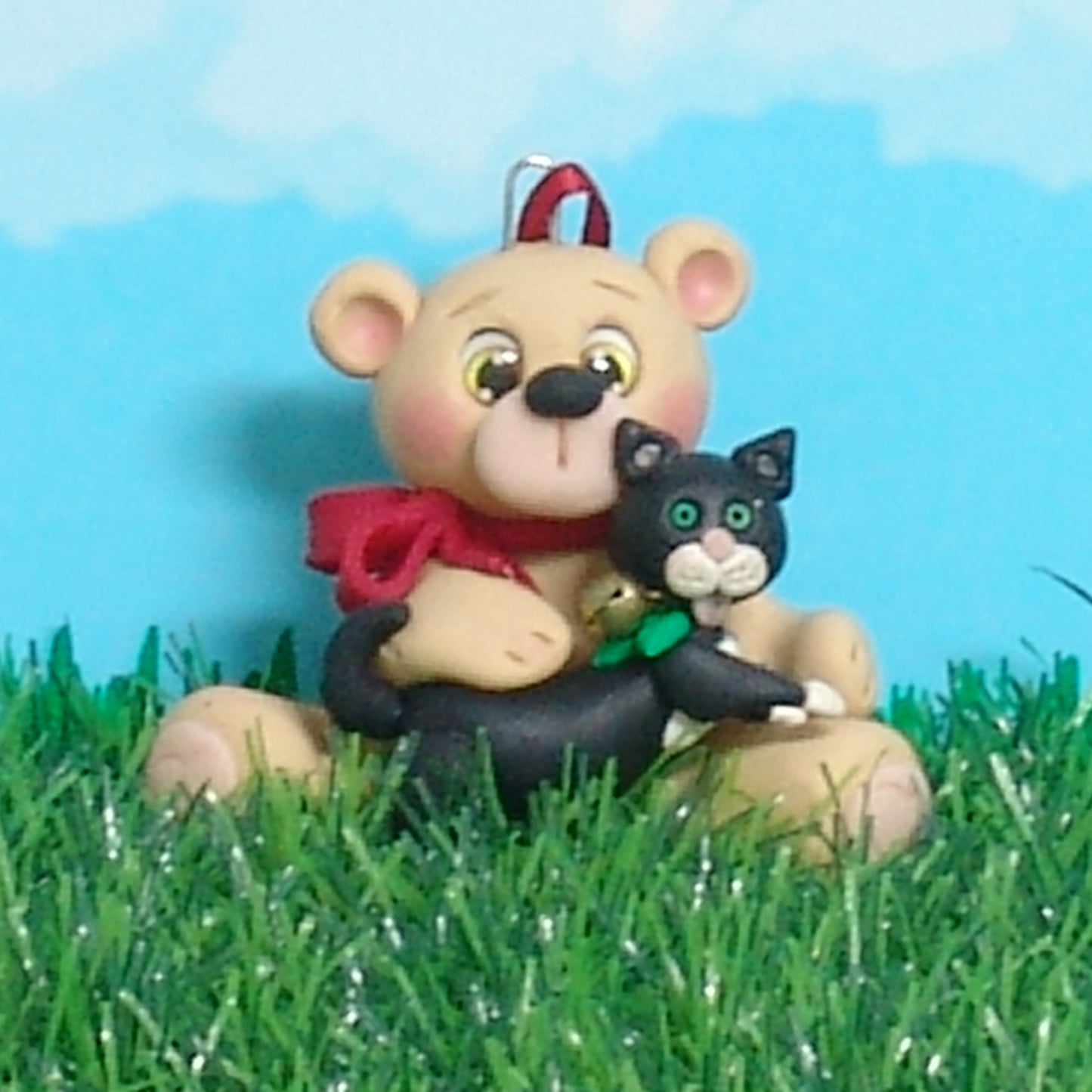Belly Bear w/ KITTY CAT Personalized Christmas Ornament - Handmade Polymer Clay