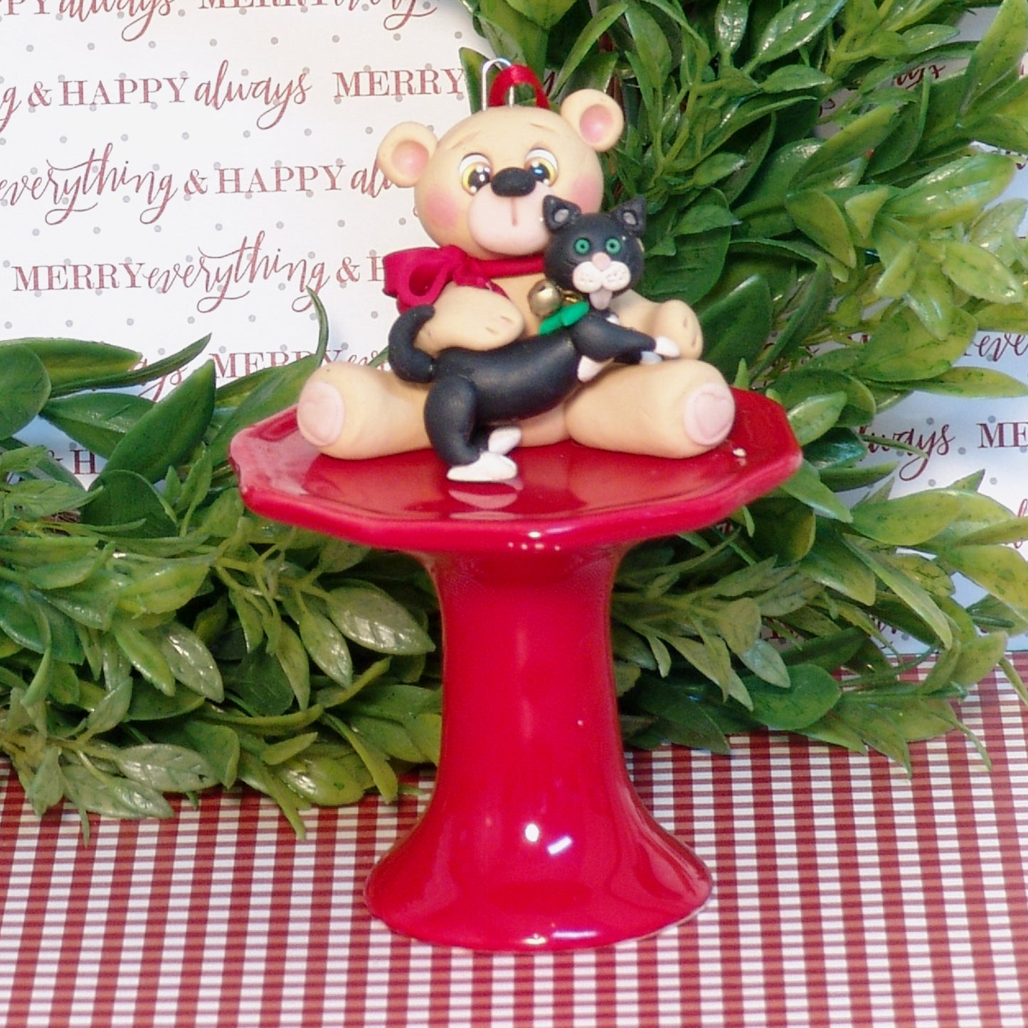 Belly Bear w/ KITTY CAT Personalized Christmas Ornament - Handmade Polymer Clay