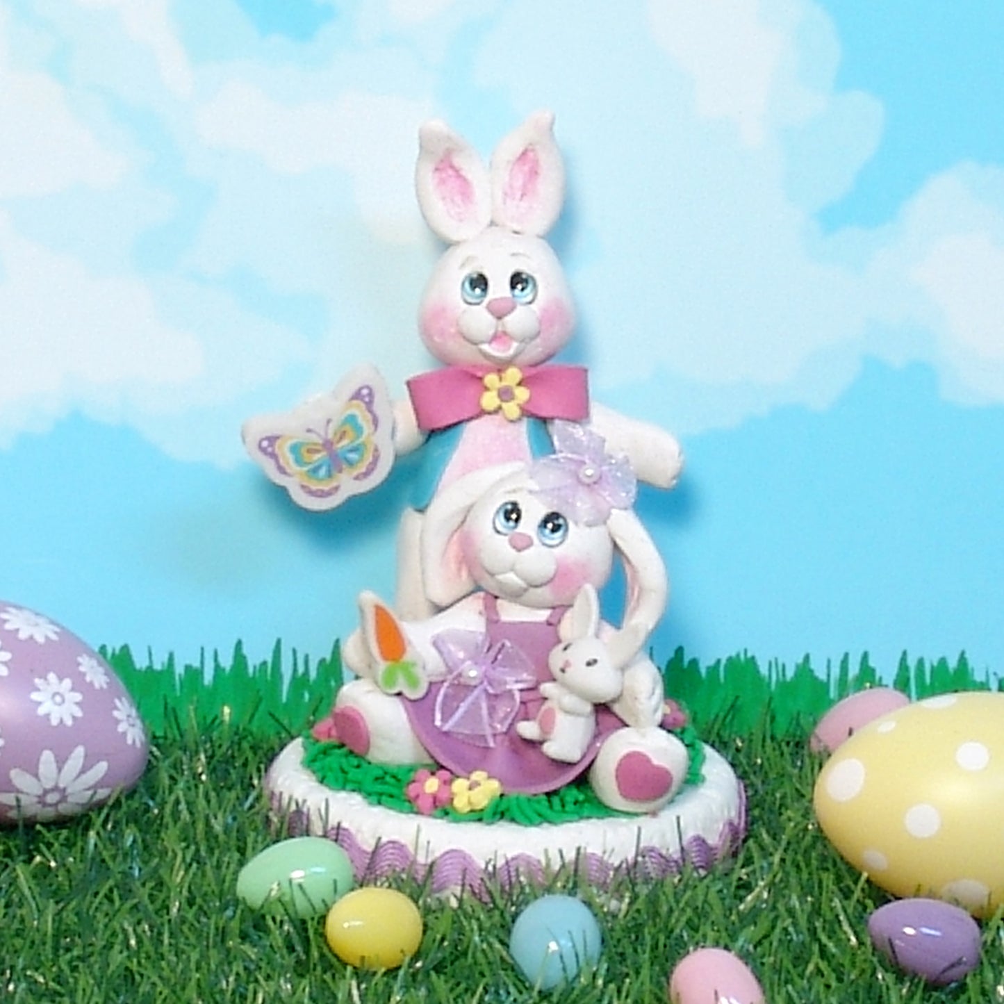 Handmade Polymer Clay Bunny Rabbit Couple Figurine on Base with Ric-Rac