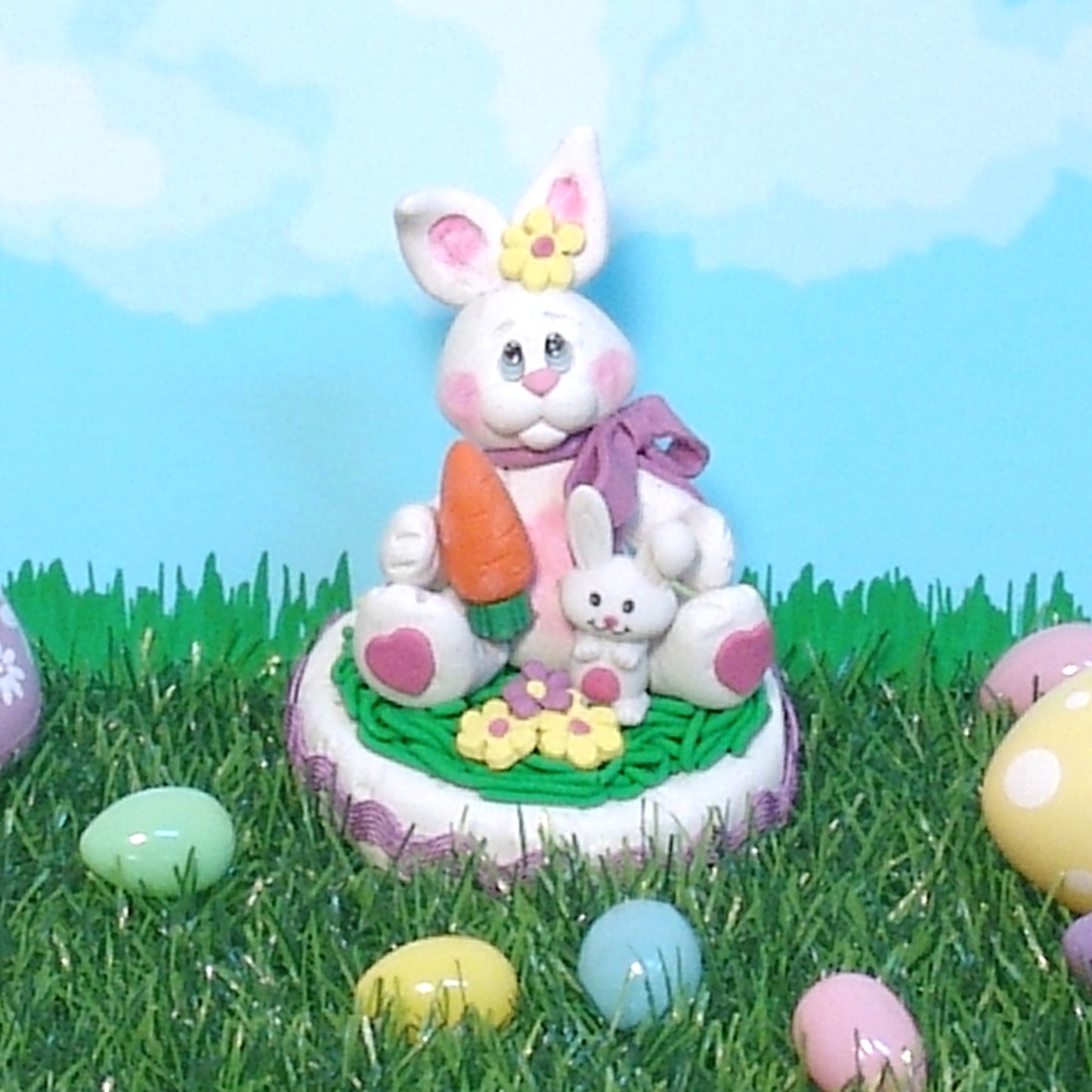 Handmade Polymer Clay Bunny Rabbit Figurine on Base with Ric-Rac