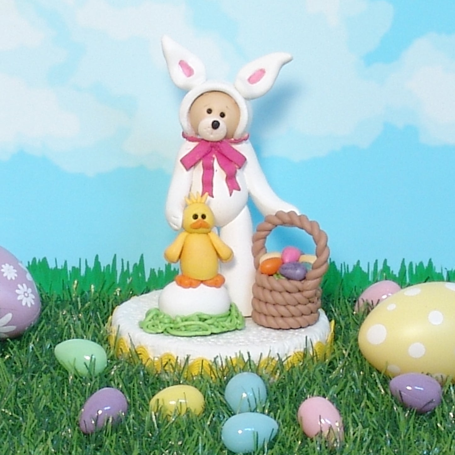Bear in BUNNY Suit Figurine on Optional Base with Ric Rac