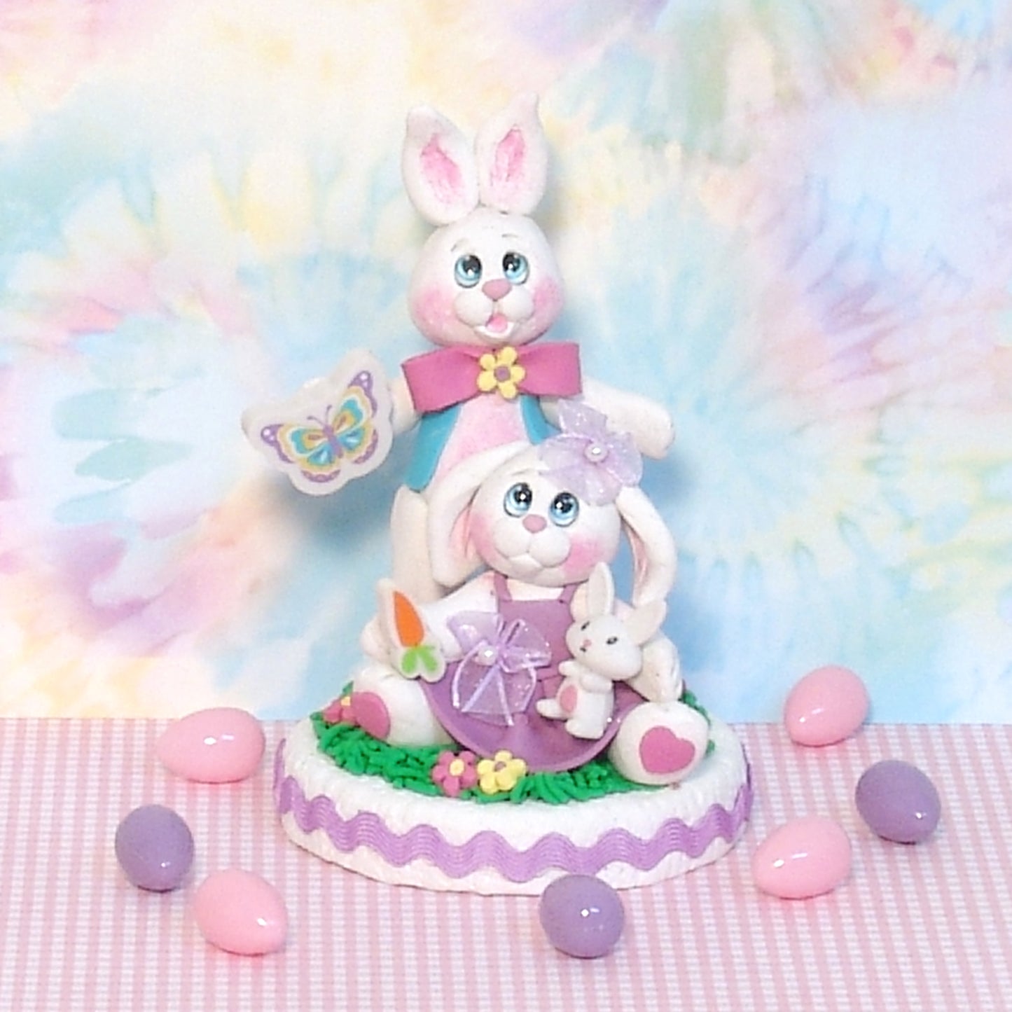 Handmade Polymer Clay Bunny Rabbit Couple Figurine on Base with Ric-Rac