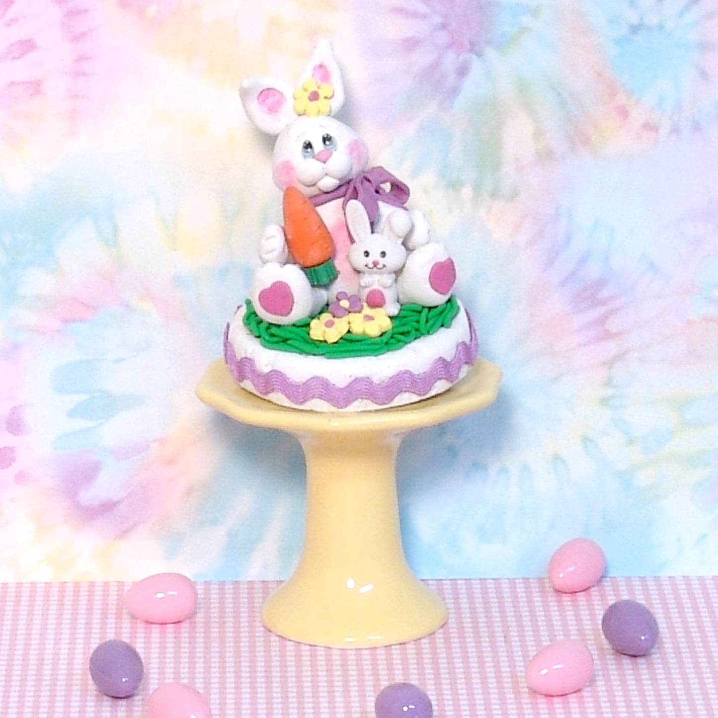Handmade Polymer Clay Bunny Rabbit Figurine on Base with Ric-Rac