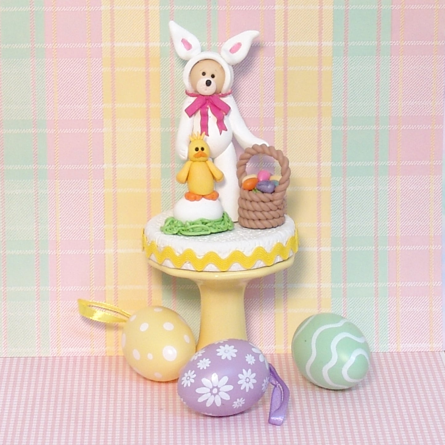 Bear in BUNNY Suit Figurine on Optional Base with Ric Rac