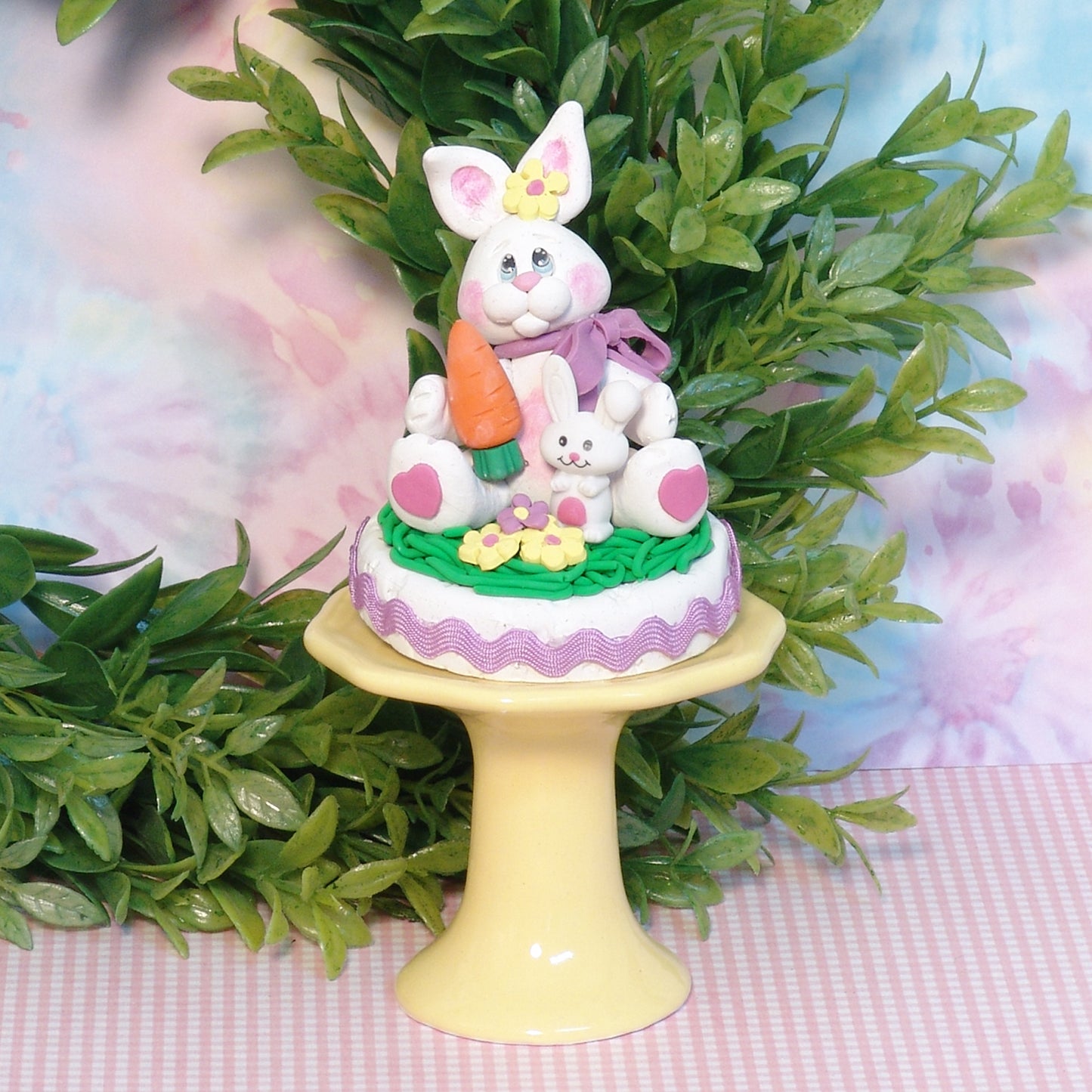 Handmade Polymer Clay Bunny Rabbit Figurine on Base with Ric-Rac