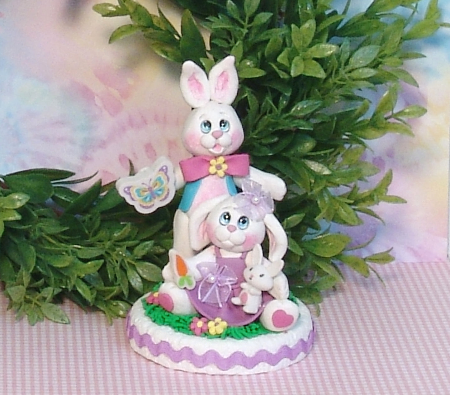Handmade Polymer Clay Bunny Rabbit Couple Figurine on Base with Ric-Rac