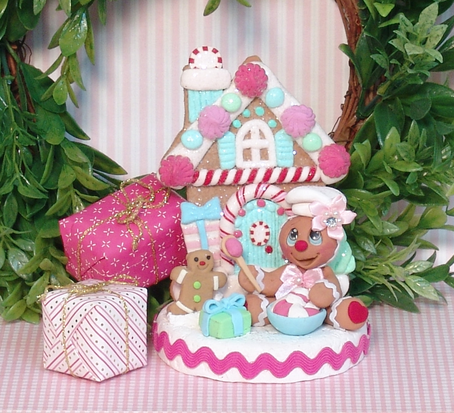Gingerbread Clay Figure with Pastel Gingerbread House  - 2