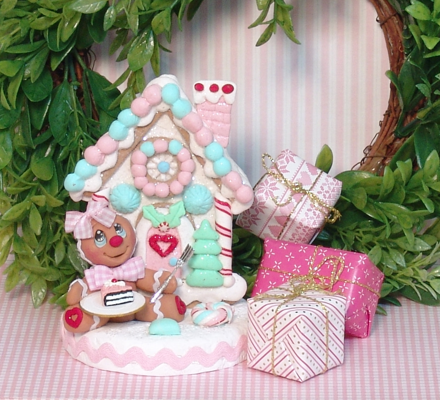 Gingerbread Clay Figure with Pastel Gingerbread House and Cake