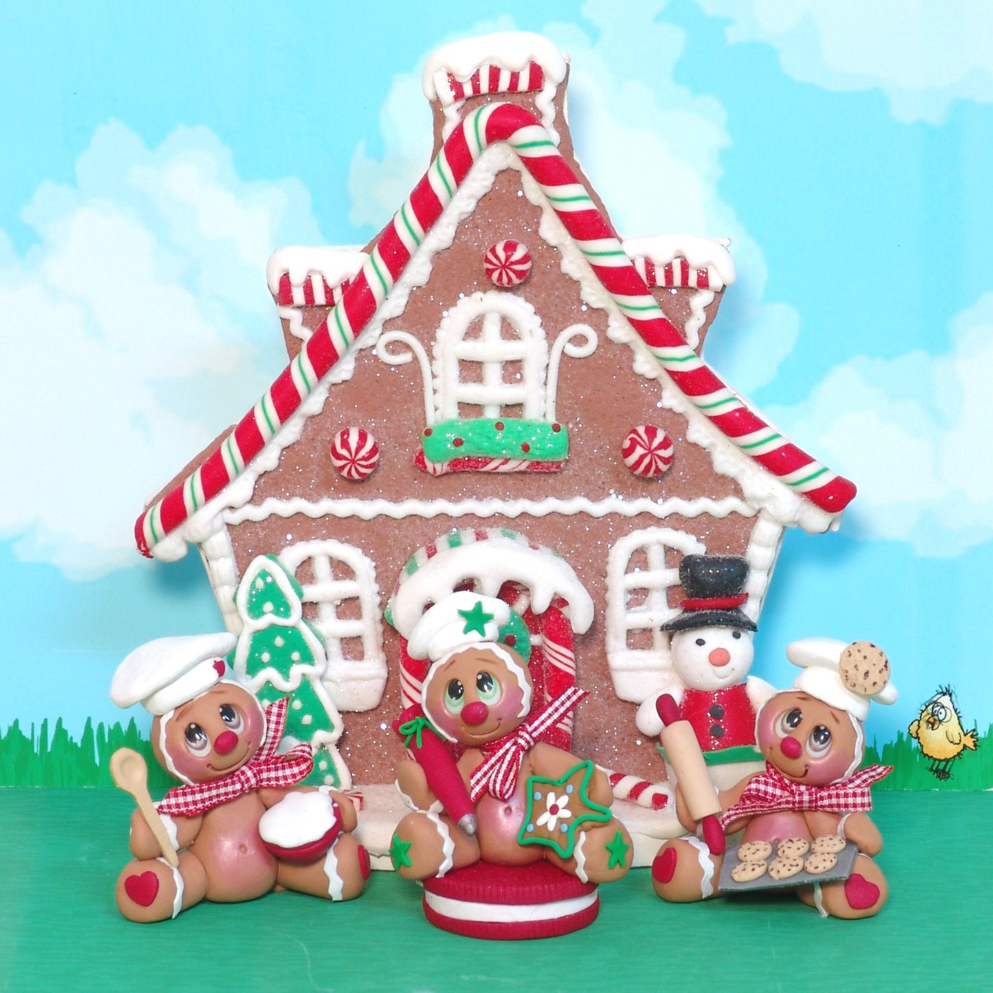 Gingerbread Clay Figure on Red Cookie HANDMADE POLYMER CLAY Christmas Figurine