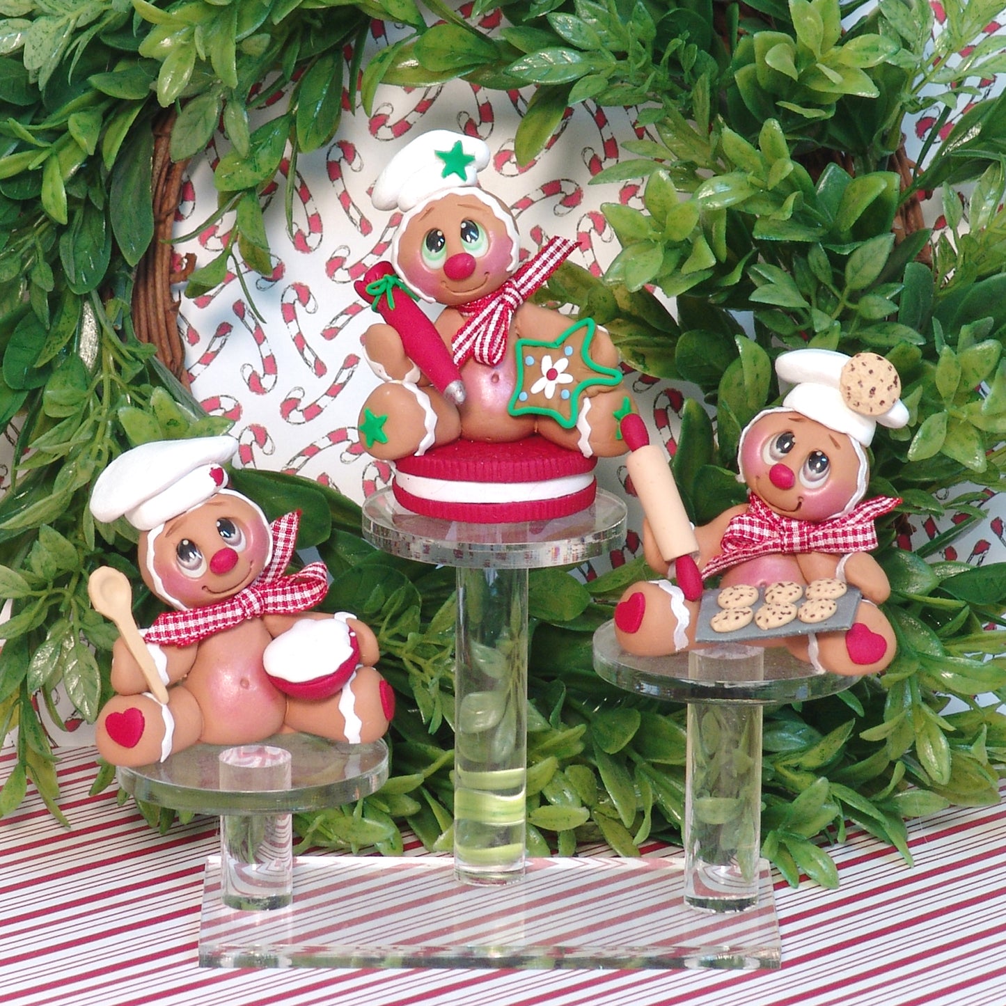 Gingerbread Clay Figure on Red Cookie HANDMADE POLYMER CLAY Christmas Figurine