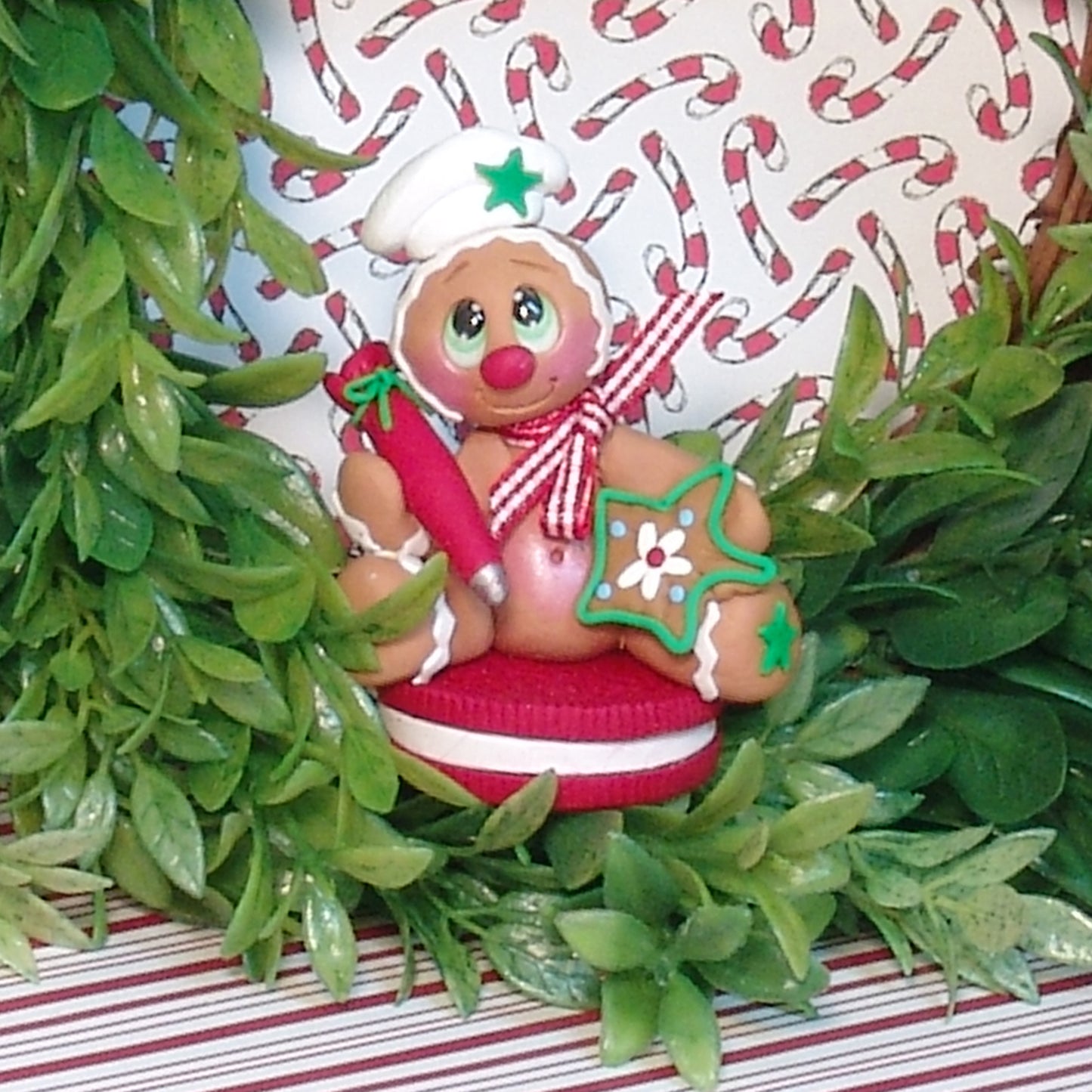 Gingerbread Clay Figure on Red Cookie HANDMADE POLYMER CLAY Christmas Figurine