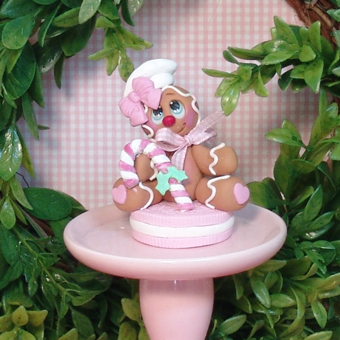 Girl Gingerbread Clay Figure on Pink Cookie Christmas Figurine