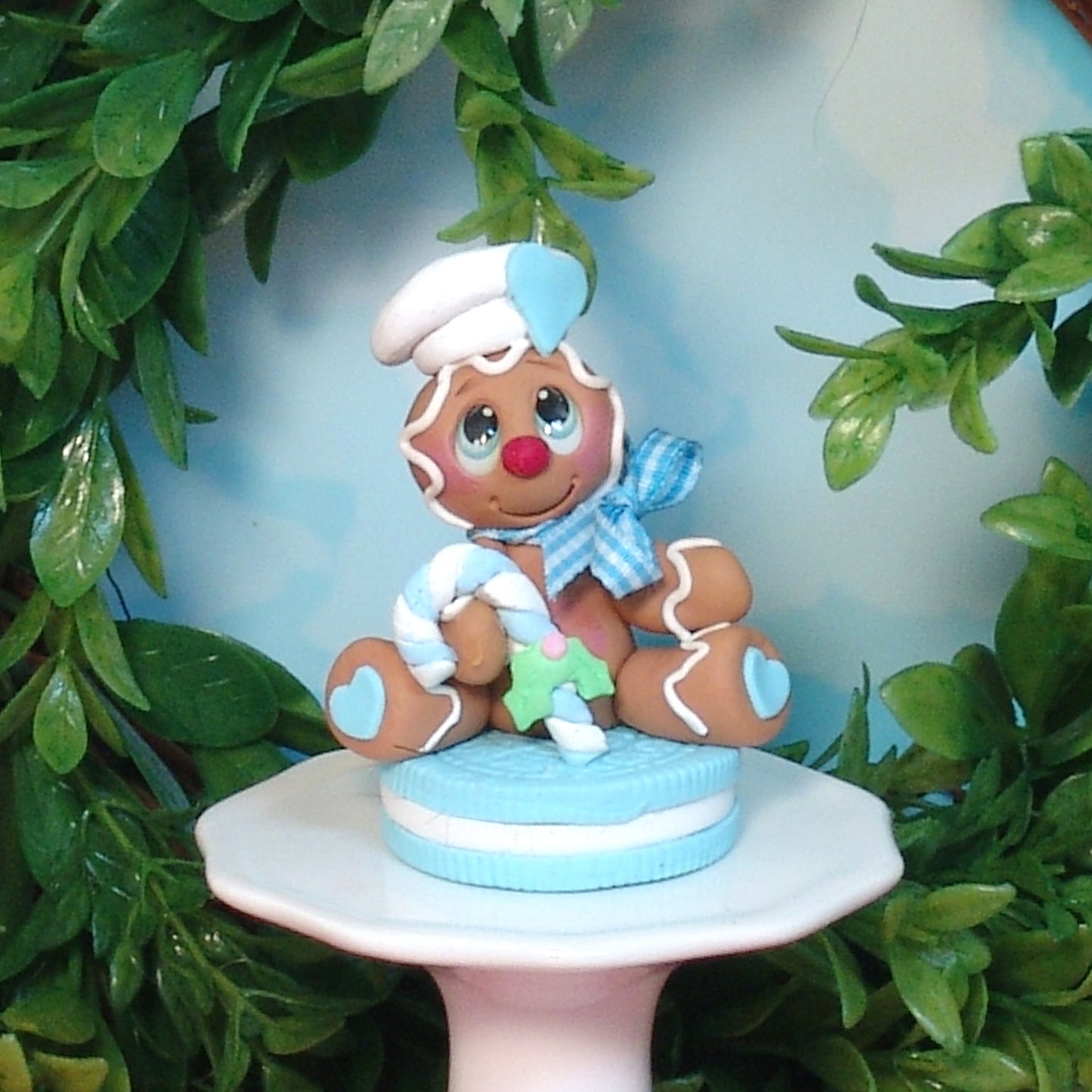 Boy Gingerbread Clay Figure on Blue Cookie Christmas Figurine