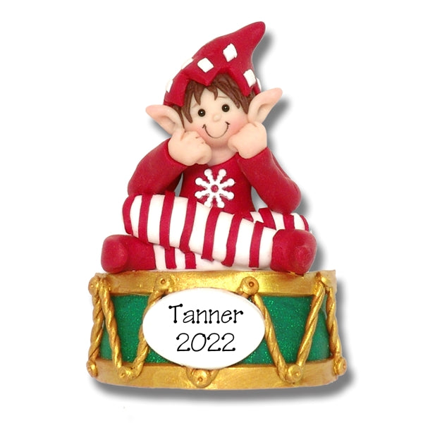 Elf Sitting on Drum Personalized Christmas Ornament