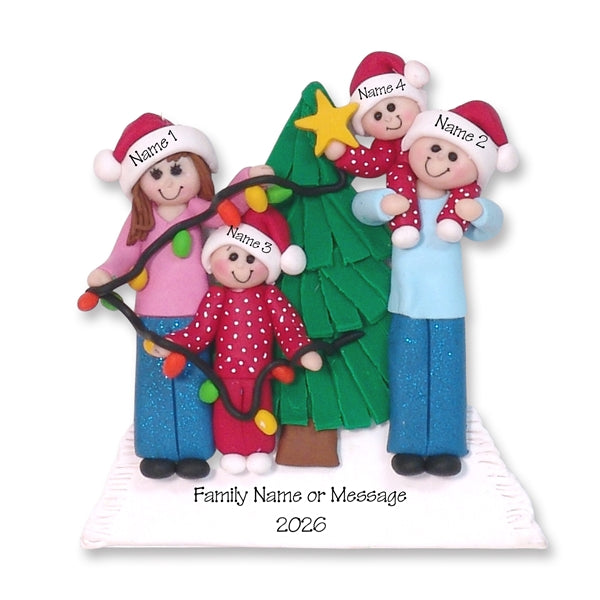 Family of 4 Putting Lights on Tree