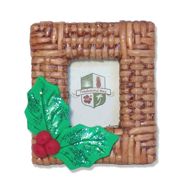 Wicker Photo Frame with Handmade Polymer Clay Holly Leaves