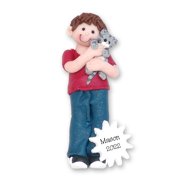 Boy with Kitten Personalized Christmas Ornament in Custom Pillow Box