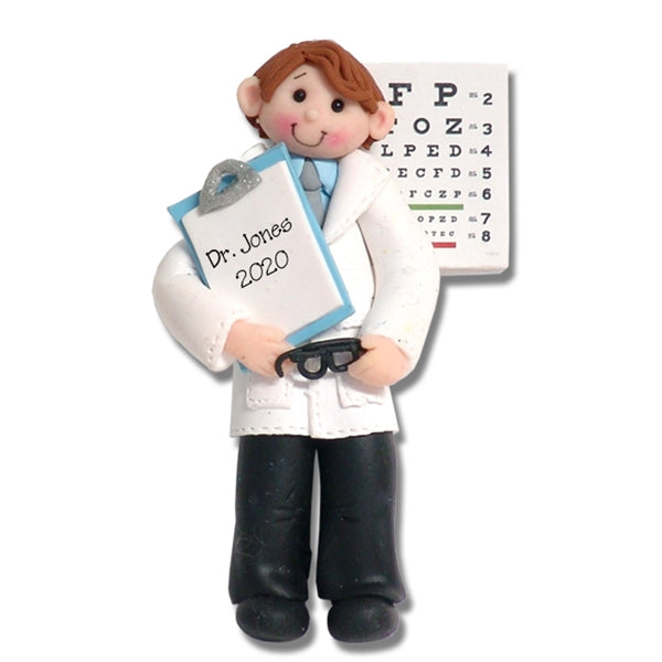 BROWN HAIR Male Optometrist Eye Doctor Personalized Christmas Ornament in Custom Gift Box