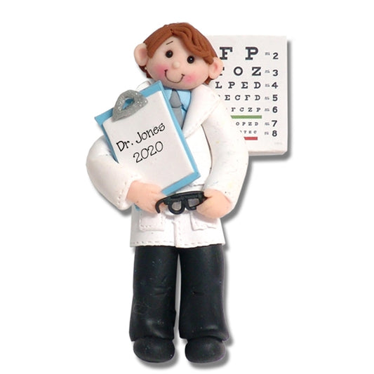 BROWN HAIR Male Optometrist Eye Doctor Personalized Christmas Ornament in Custom Gift Box