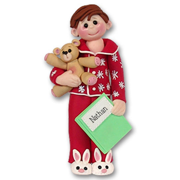 Boy in Red Pajamas Handmade Polymer Clay Personalized Christmas Ornament