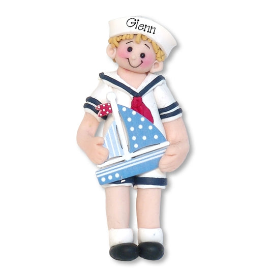 Boy with Sailboat - Handmade Polymer Clay - Blonde Hair