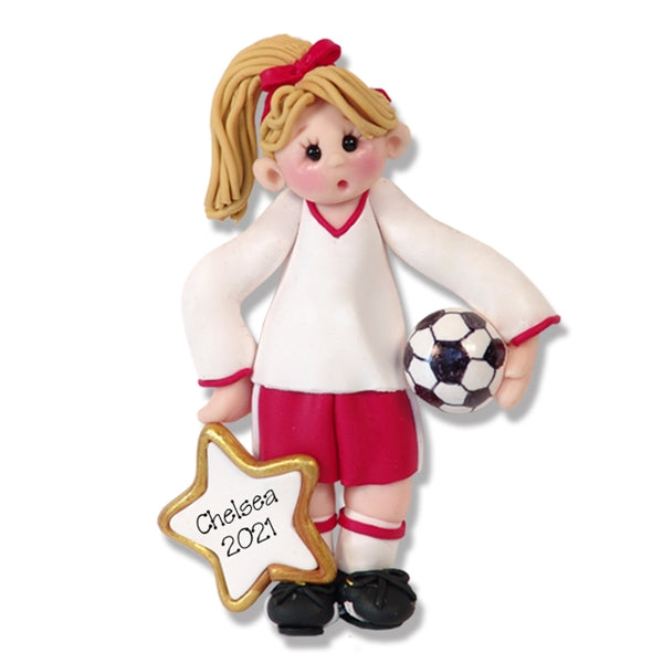 Giggle Gang Girl Soccer Player Handmade Polymer Clay Ornament (Blonde) - Limit Edition