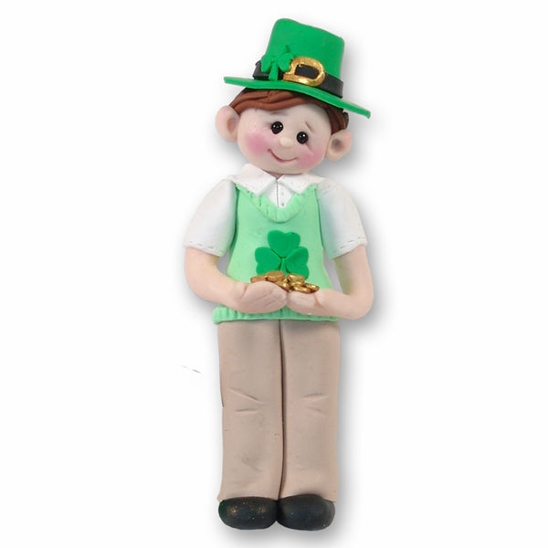 St. Patty's Day Irish Boy Polymer Clay Ornament-in Gift Box - Brunette
