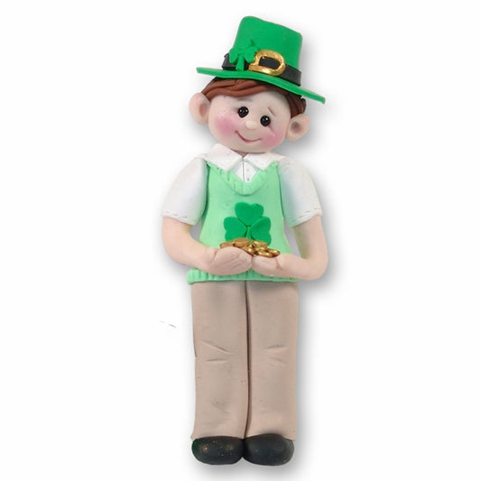 St. Patty's Day Irish Boy Polymer Clay Ornament-in Gift Box - Brunette