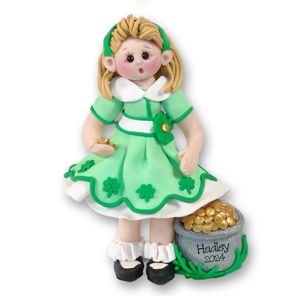 St. Patty's Day Irish Girl Handmade Polymer Clay Personalized Ornament-in Gift Box - Blonde