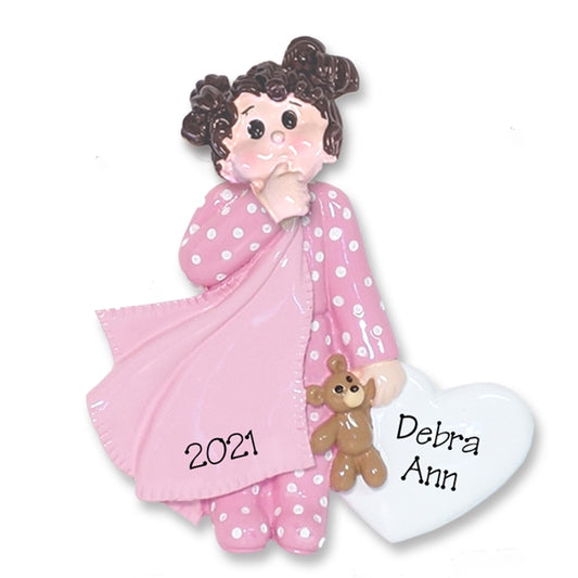 Brunette Little Girl Toddler w/Blanket and Pink Pajamas -  Personalized Ornament  - RESIN