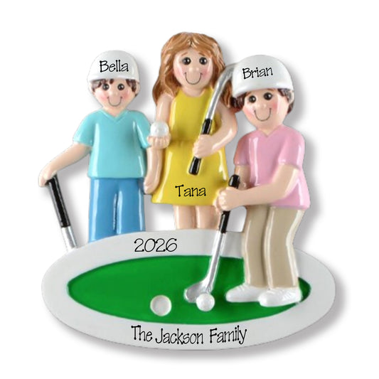 Family of 3 Playing Mini Golf Personalized Family Ornament