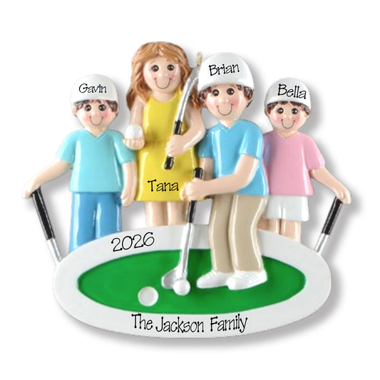 Family of 4 Playing Mini Golf Personalized Family Ornament