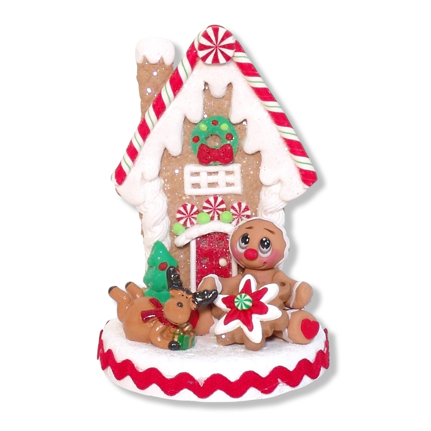 Gingerbread Clay Figure with Candy Cane and House & Reindeer