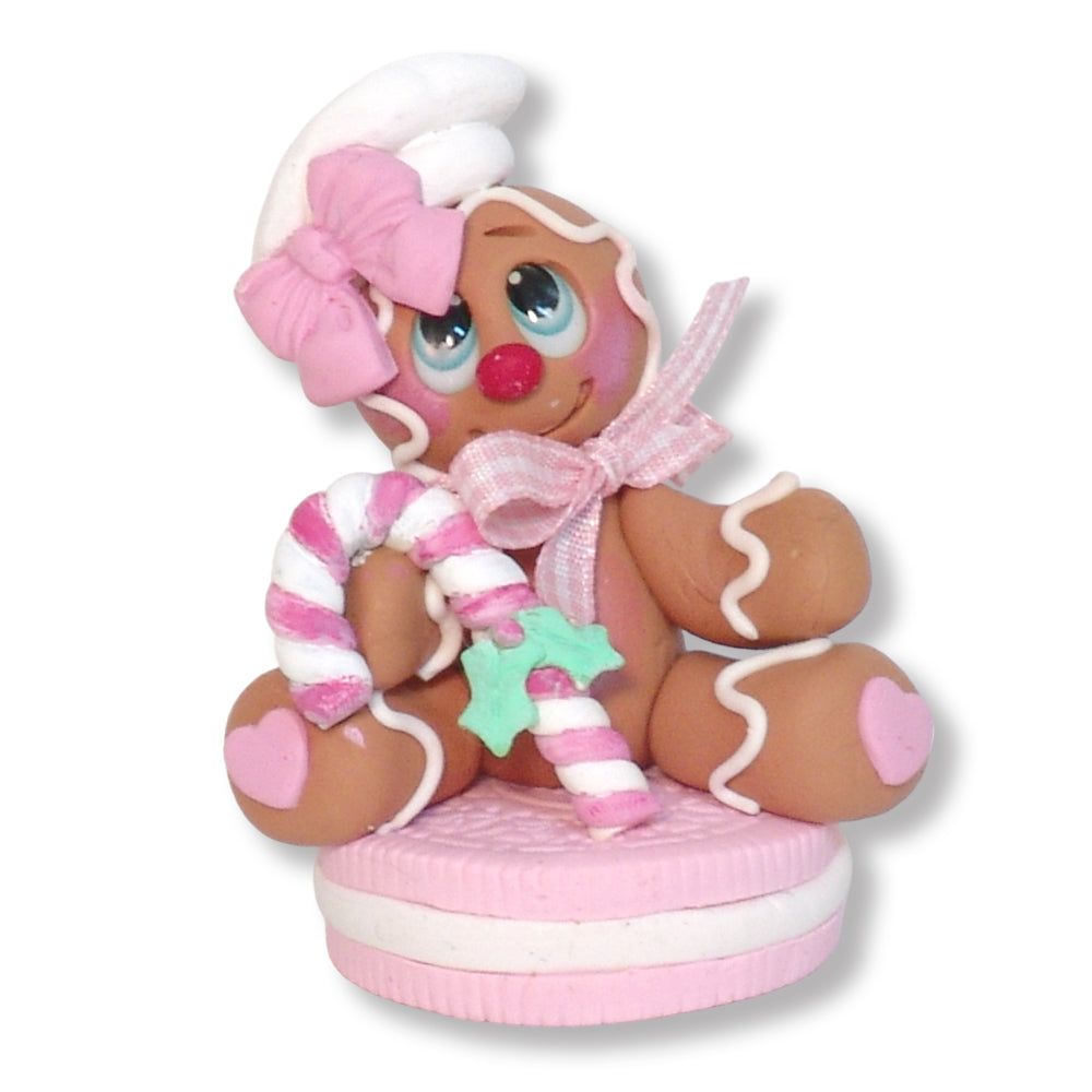 Girl Gingerbread Clay Figure on Pink Cookie Christmas Figurine