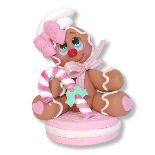 Girl Gingerbread Clay Figure on Pink Cookie Christmas Figurine