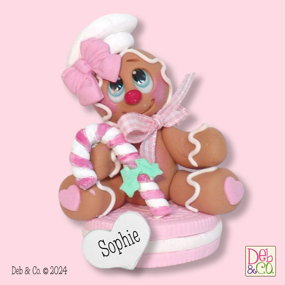 Girl Gingerbread Clay Figure on Pink Cookie Christmas Figurine