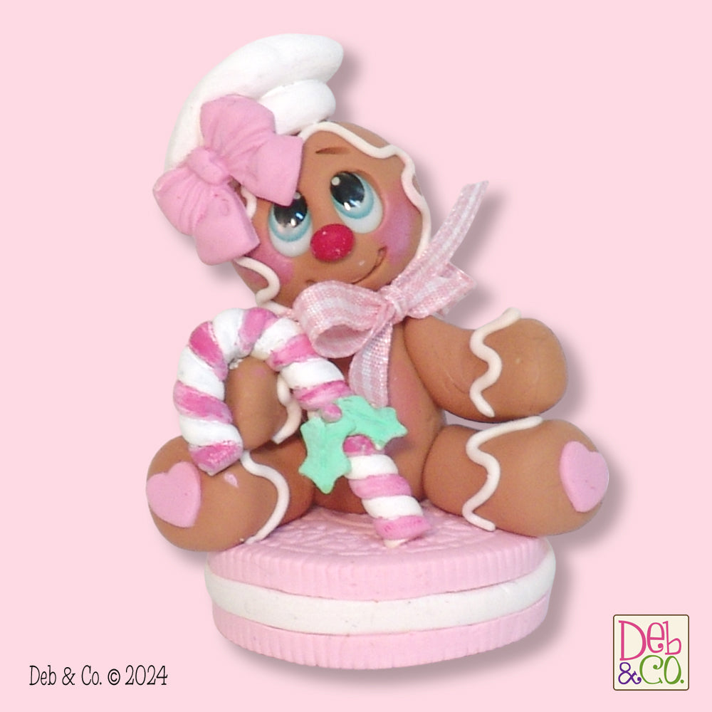 Girl Gingerbread Clay Figure on Pink Cookie Christmas Figurine