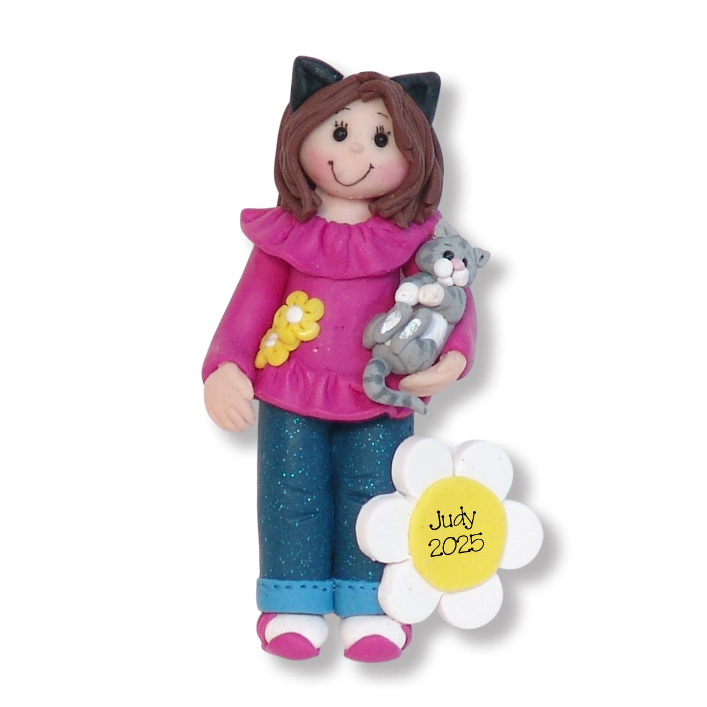 Girl wearing Cat Ears Holding Kitten Personalized Ornament